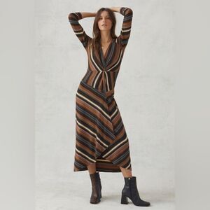 Women's Brown Maeve By Anthropologie Black Motif Striped Wrap Midi Dress Small  